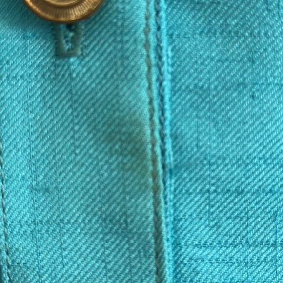 Vintage 60s Shimmery Turquoise Shift Short Sleeve Dress with shiny gold buttons - Picture 4 of 10